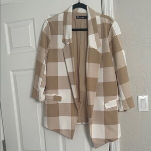 New York & Company Tan and White Checkered Blazer